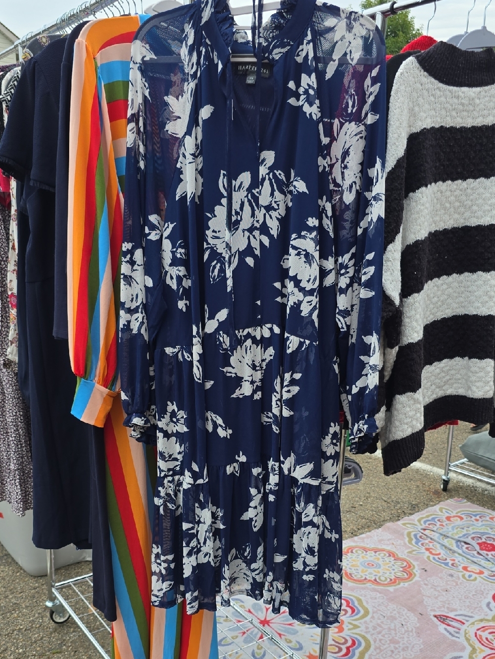 Navy Floral Sheer Tiered Dress